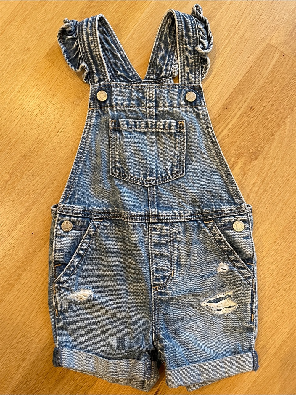 GAP Light Blue Denim Short Overalls with Ruffle Straps